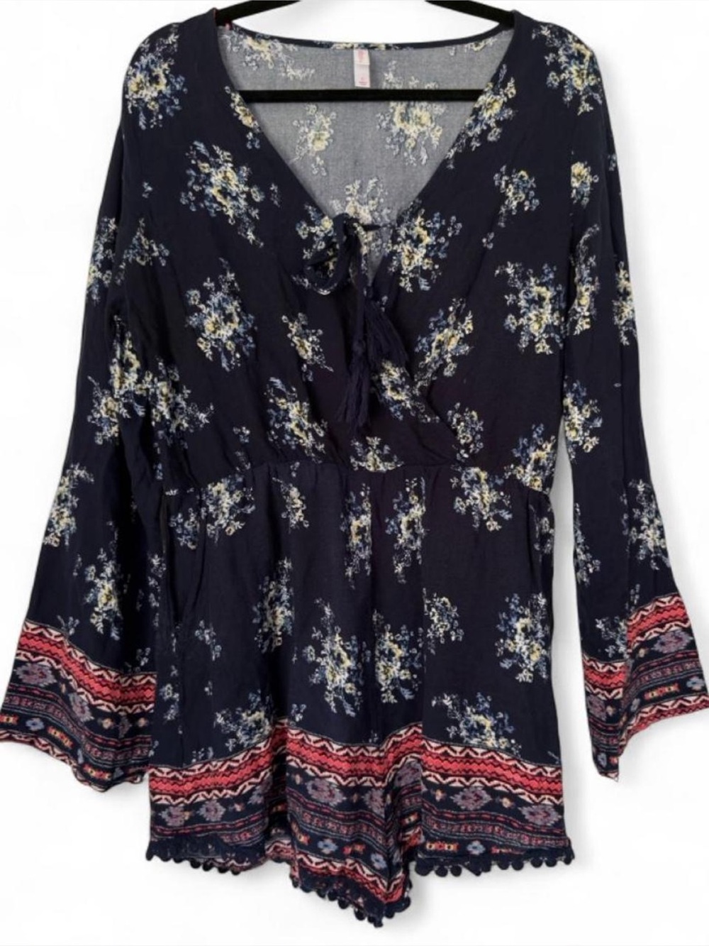 Xhilaration Navy Floral Tie-Front Romper with Border Print